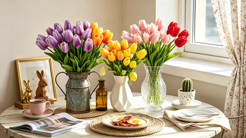 Artificial Tulips PU Real Touch Single Stem Faux Flower Bouquet Arrangement for Home Party Wedding Decoration without Vase