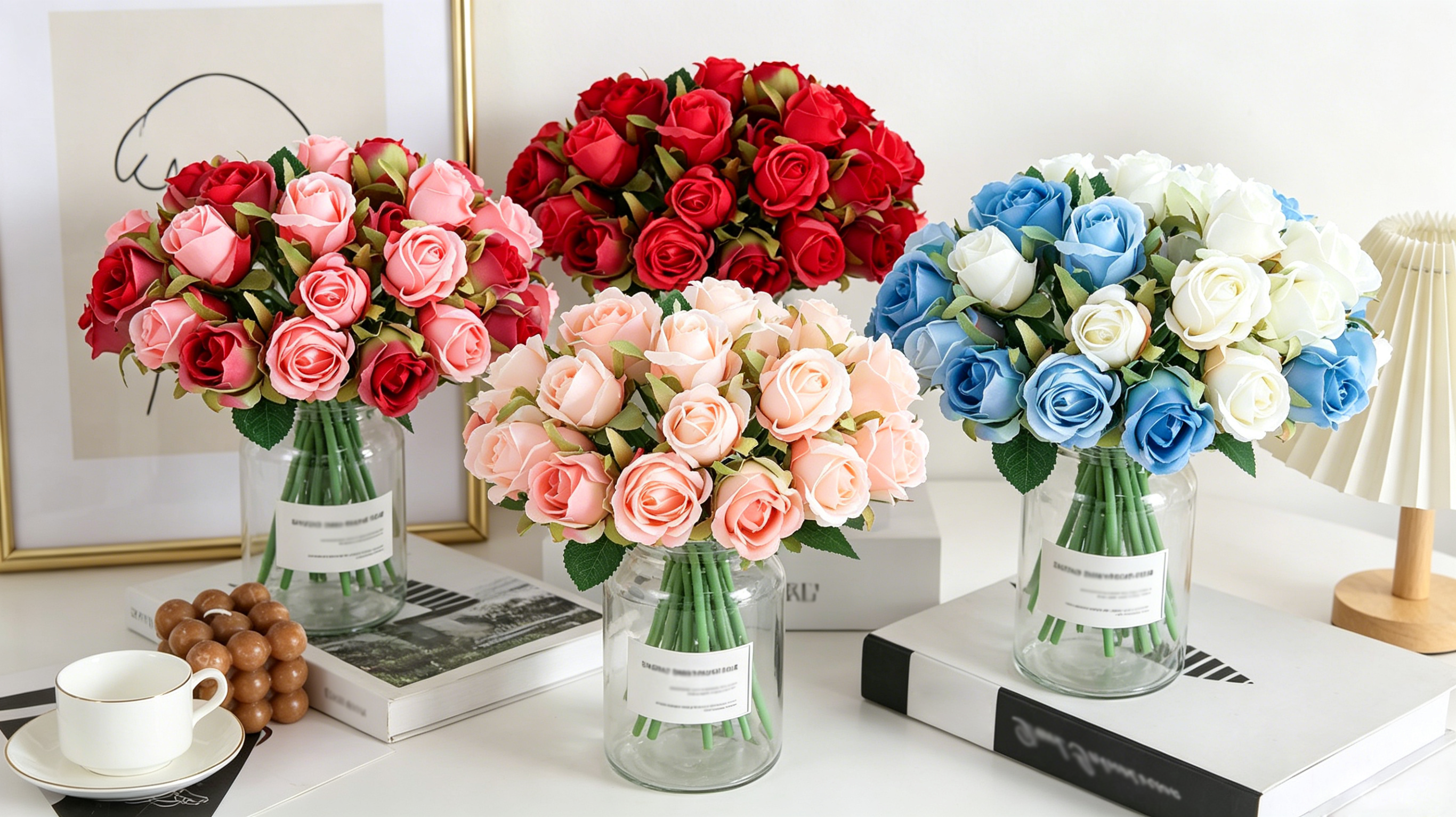Artificial Roses Realistic Silk Flowers Long Stem Faux Flowers Bouquet for Wedding Home Party Table Centerpieces Decorations
