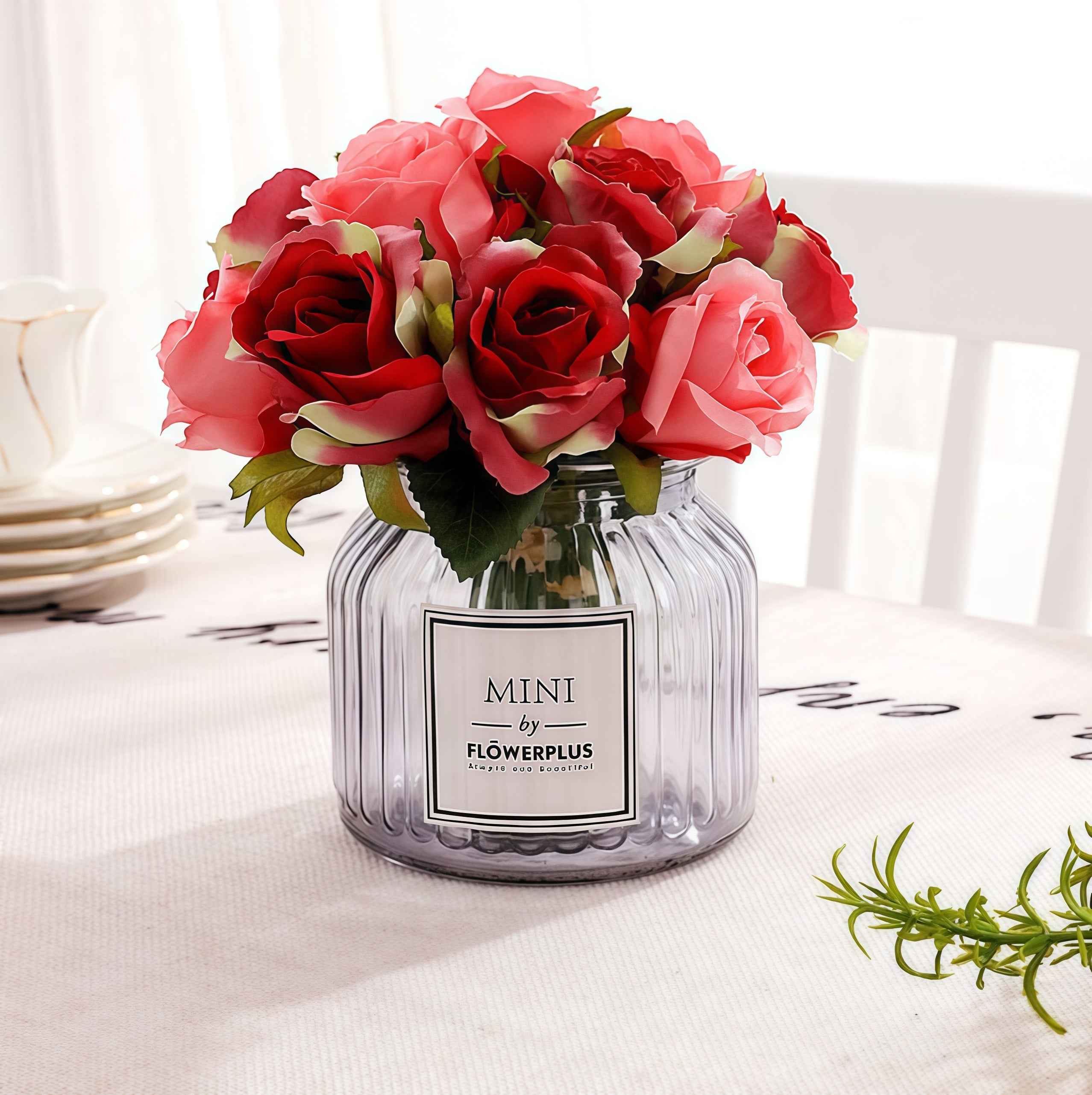 Silk Rose Bouquet 12pcs Red with Pink Artificial Roses Faux Flowers for Home Decor & Wedding