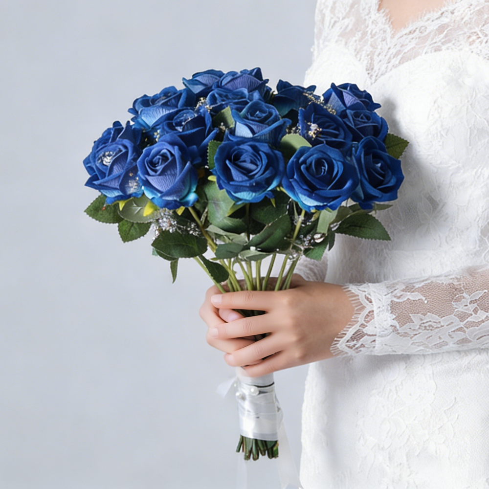 12PCS Blue Velvet Rose Realistic Artificial Flowers Faux Roses for Wedding & Home Decor