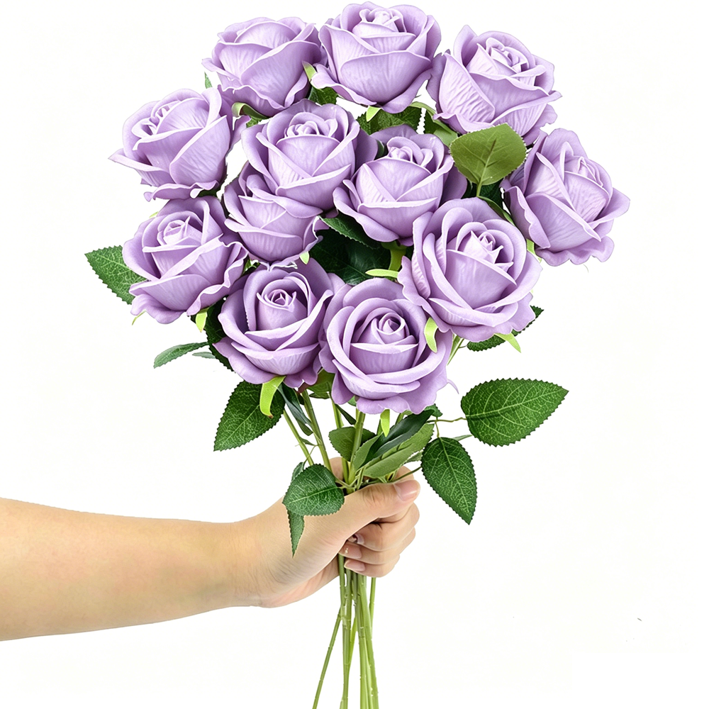 12PCS Purple Velvet Rose Realistic Artificial Flowers Faux Roses for Wedding & Home Decor