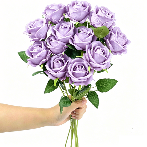 12PCS Purple Velvet Rose Realistic Artificial Flowers Faux Roses for Wedding & Home Decor