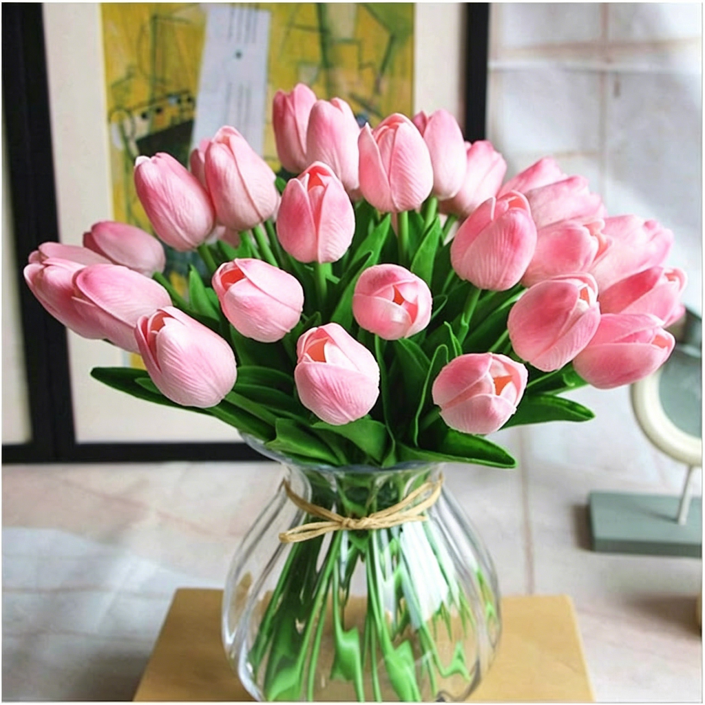 PU Real Touch Pink Tulips Artificial Flowers Lifelike Faux Tulip for Home Decor
