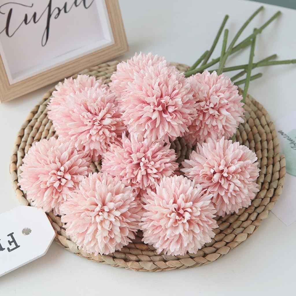 Silk Ball Chrysanthemum Pink Artificial Flowers 10pcs Faux Pom pom Mums for Home Decor