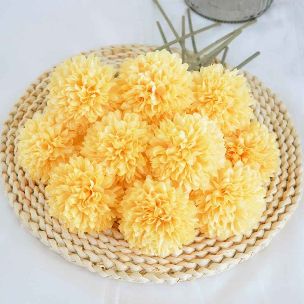 Silk Ball Chrysanthemum Yellow Artificial Flowers 10pcs Faux Pom pom Mums for Home Decor
