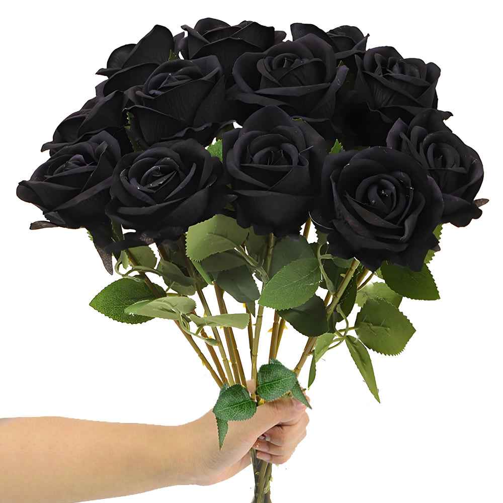 12PCS Black Velvet Rose Realistic Artificial Flowers Faux Roses for Wedding & Home Decor