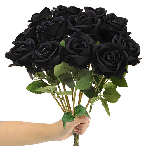 12PCS Black Velvet Rose Realistic Artificial Flowers Faux Roses for Wedding & Home Decor