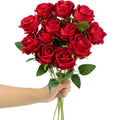 12PCS Red Velvet Rose Realistic Artificial Flowers Faux Roses for Wedding & Home Decor