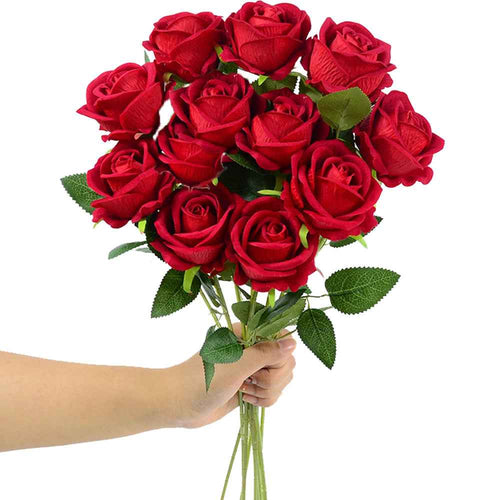 12PCS Red Velvet Rose Realistic Artificial Flowers Faux Roses for Wedding & Home Decor