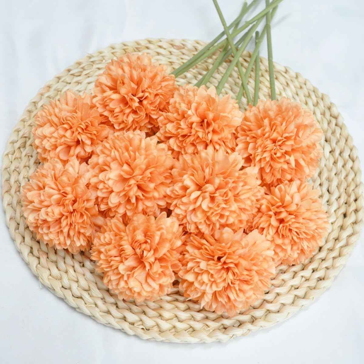 Silk Ball Chrysanthemum Orange Artificial Flowers 10pcs Faux Pom pom Mums for Home Decor