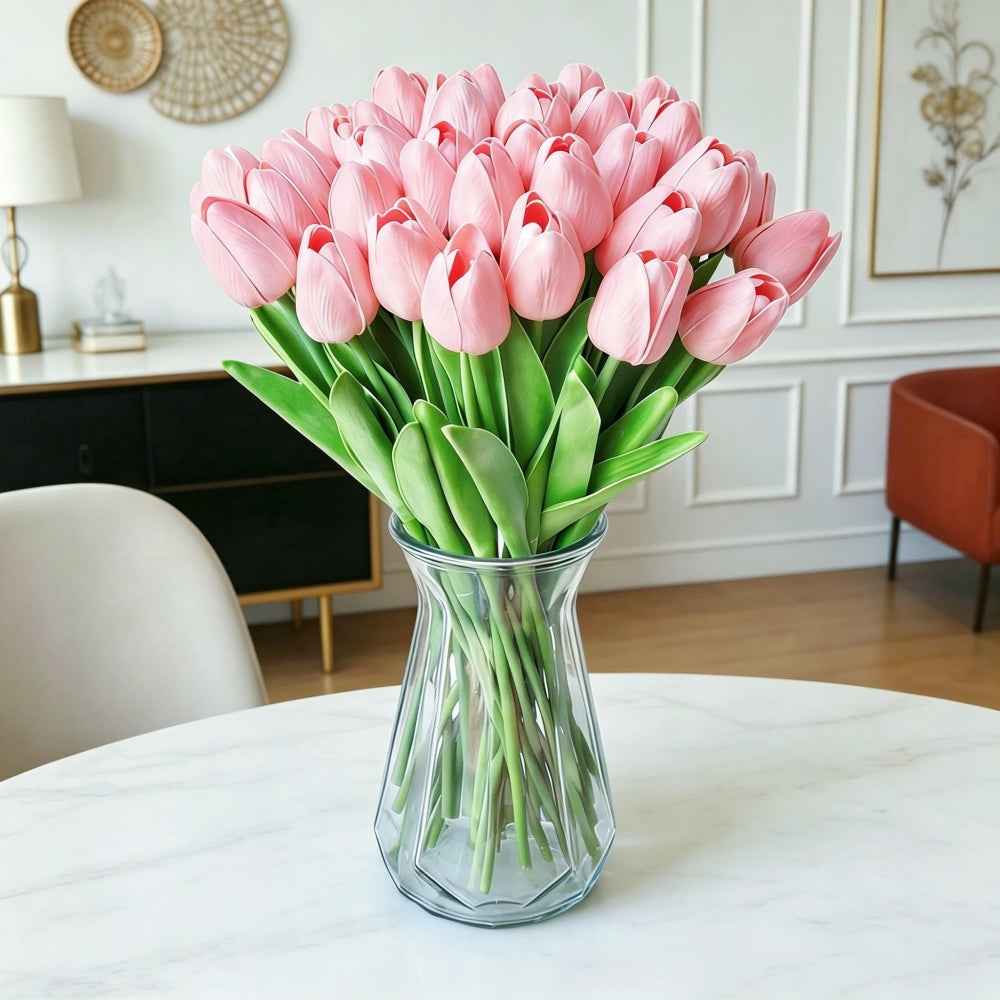 PU Real Touch Pink Tulips Artificial Flowers Lifelike Faux Tulip for Home Decor