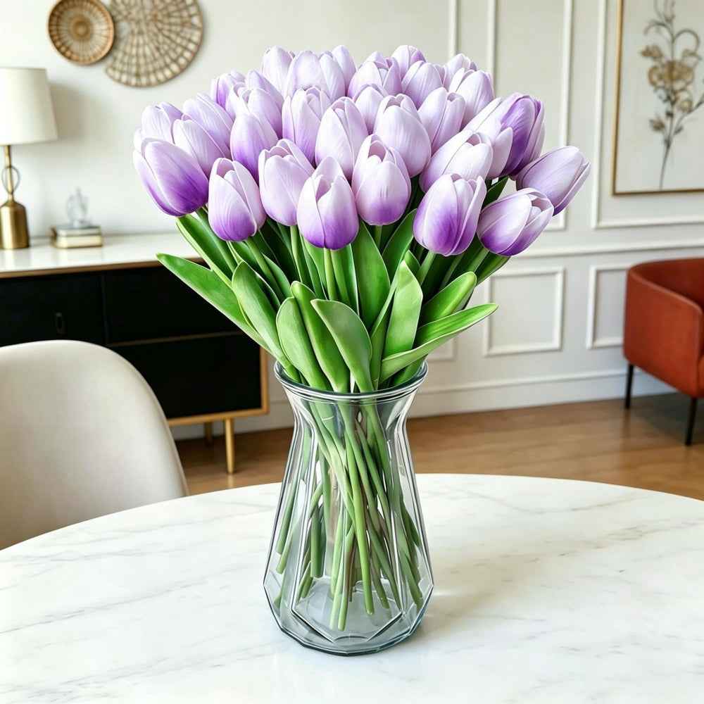 PU Real Touch Purple Tulips Artificial Flowers Lifelike Faux Tulip for Home Decor