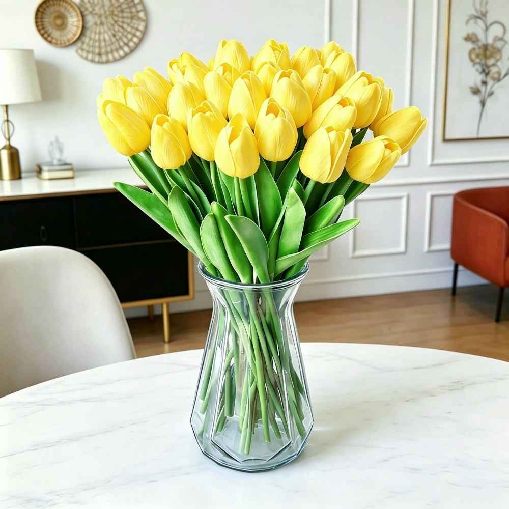 PU Real Touch Yellow Tulips Artificial Flowers Lifelike Faux Tulip for Home Decor