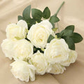 Silk Rose Bouquet 10 Heads White Artificial Roses Faux Flowers for Home Decor & Wedding