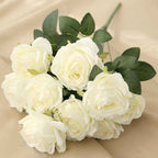 Silk Rose Bouquet 10 Heads White Artificial Roses Faux Flowers for Home Decor & Wedding