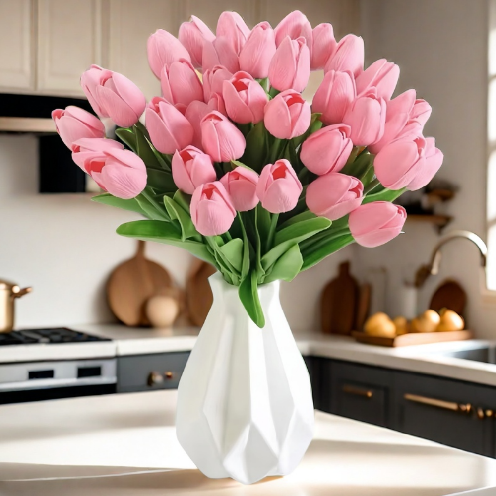 PU Real Touch Pink Tulips Artificial Flowers Lifelike Faux Tulip for Home Decor