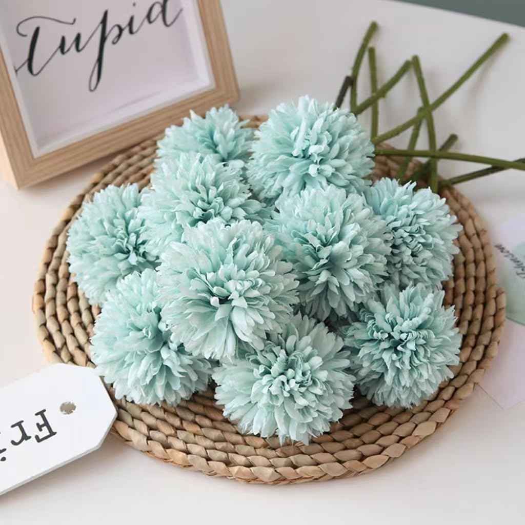 Silk Ball Chrysanthemum Blue Artificial Flowers 10pcs Faux Pom pom Mums for Home Decor