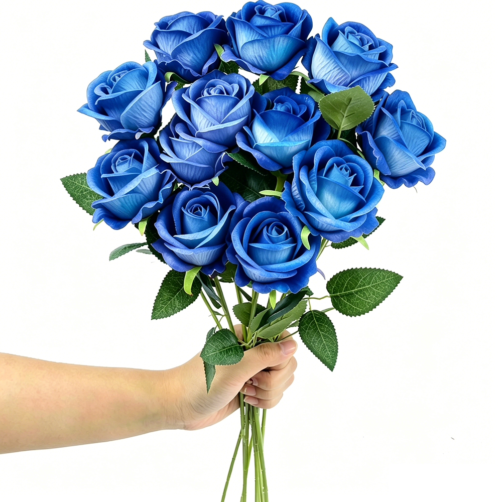 12PCS Blue Velvet Rose Realistic Artificial Flowers Faux Roses for Wedding & Home Decor