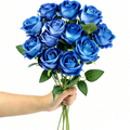12PCS Blue Velvet Rose Realistic Artificial Flowers Faux Roses for Wedding & Home Decor