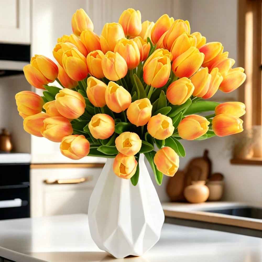 PU Real Touch Orange Tulips Artificial Flowers Lifelike Faux Tulip for Home Decor