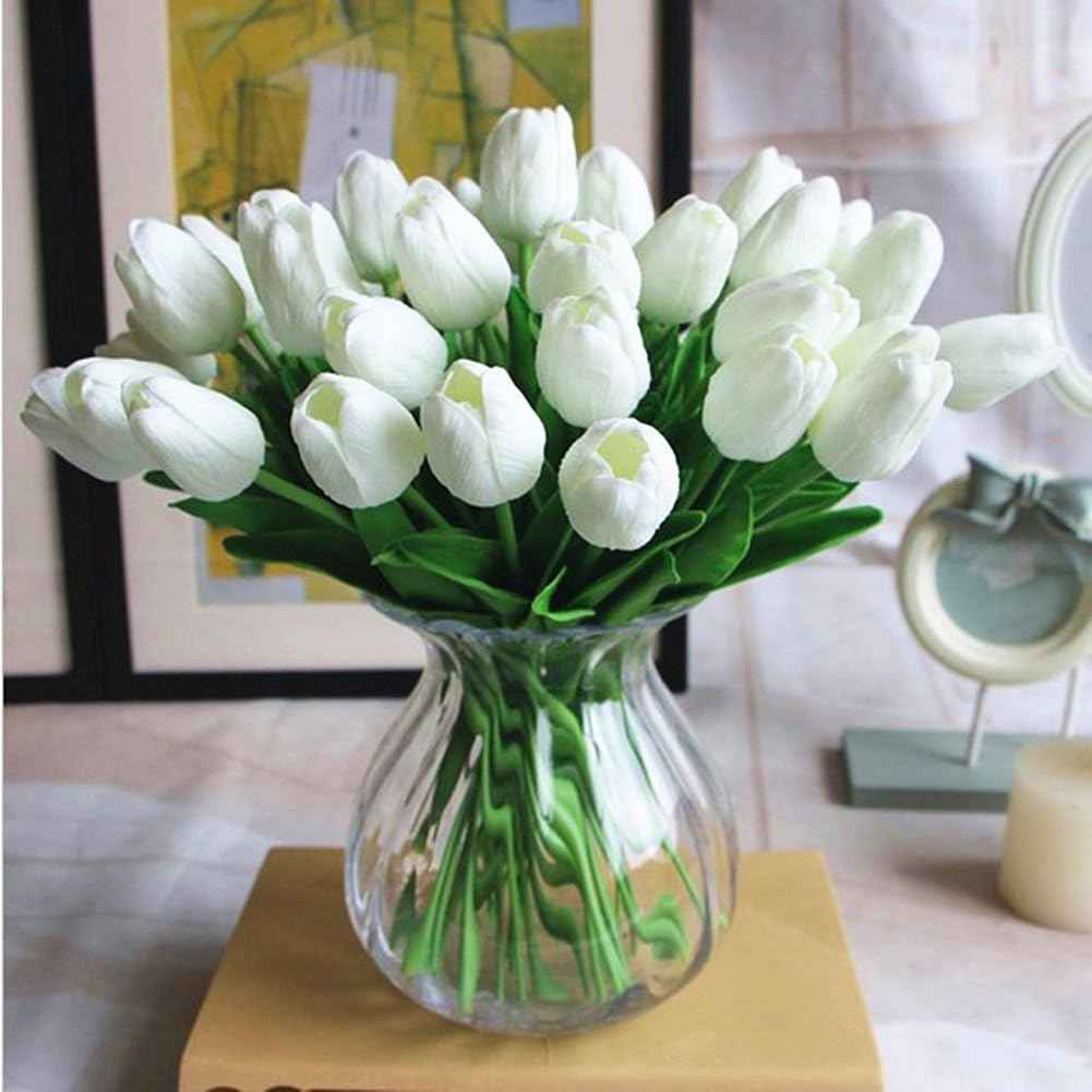 PU Real Touch White Tulips Artificial Flowers Lifelike Faux Tulip for Home Decor