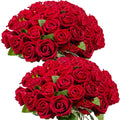 50PCS Red Velvet Rose Realistic Artificial Flowers Faux Roses for Wedding & Home Decor