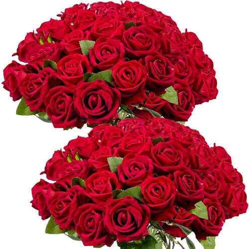 50PCS Red Velvet Rose Realistic Artificial Flowers Faux Roses for Wedding & Home Decor