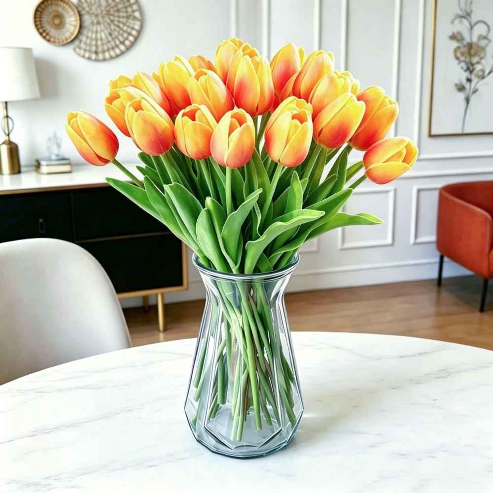 PU Real Touch Orange Tulips Artificial Flowers Lifelike Faux Tulip for Home Decor
