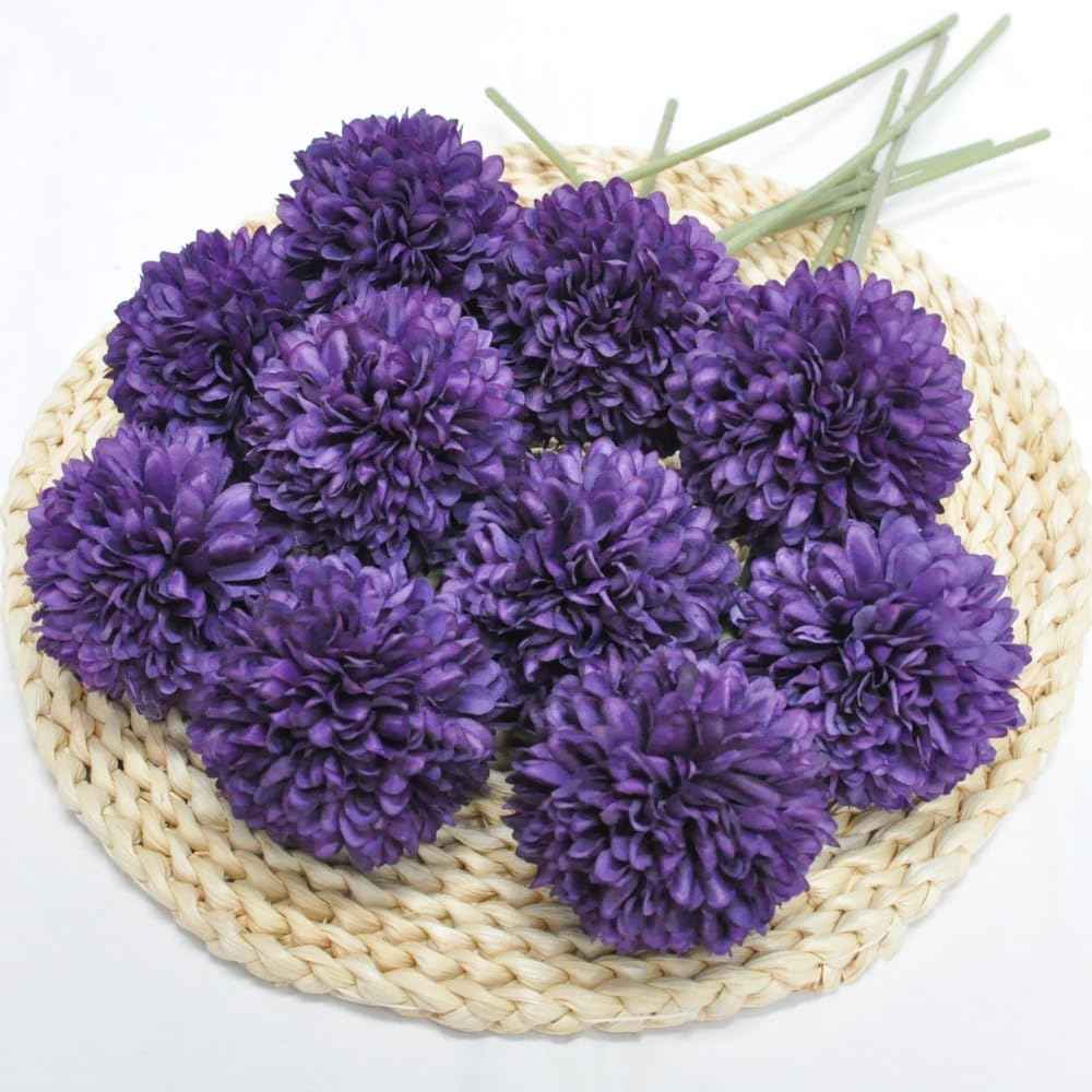 Silk Ball Chrysanthemum Purple Artificial Flowers 10pcs Faux Pom pom Mums for Home Decor