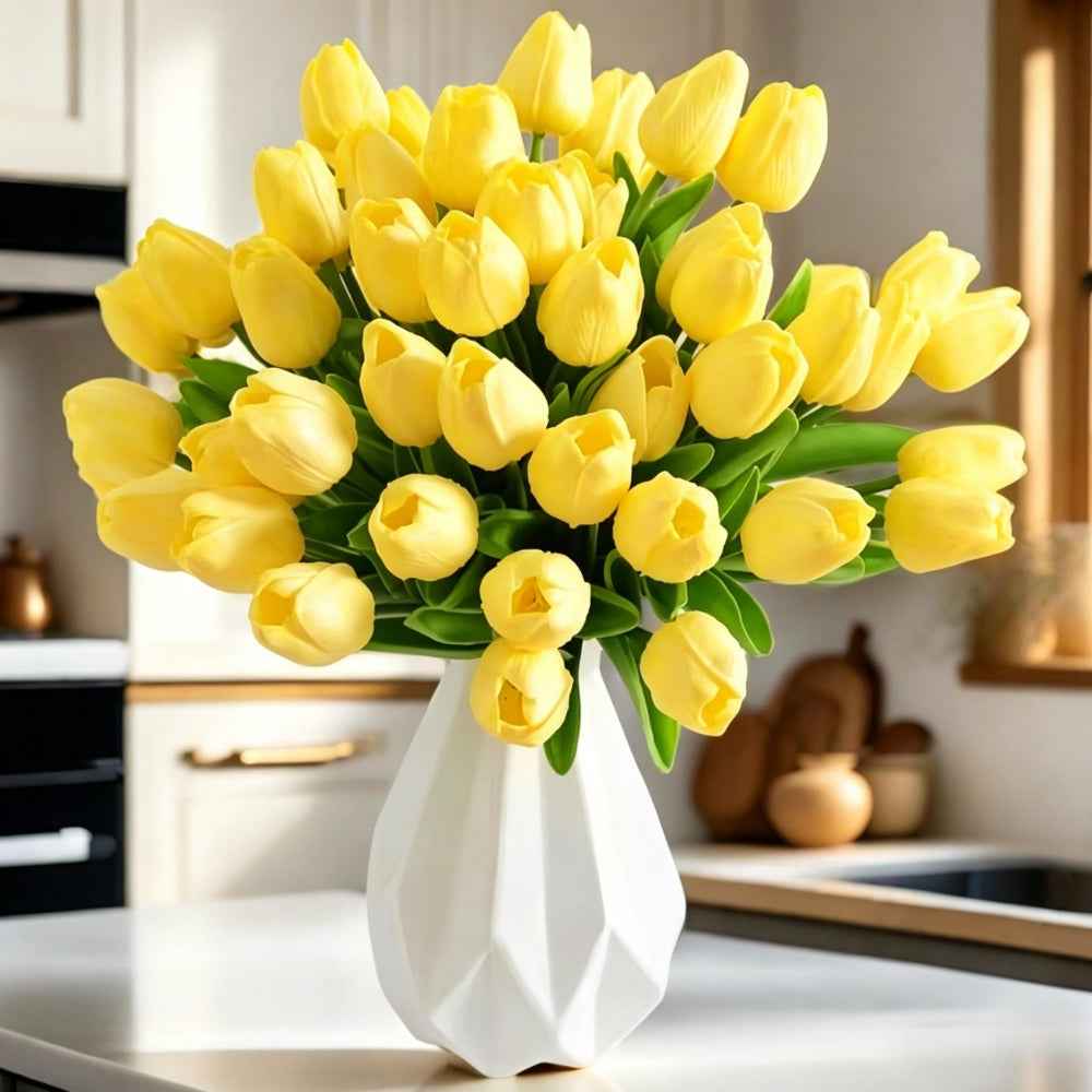 PU Real Touch Yellow Tulips Artificial Flowers Lifelike Faux Tulip for Home Decor