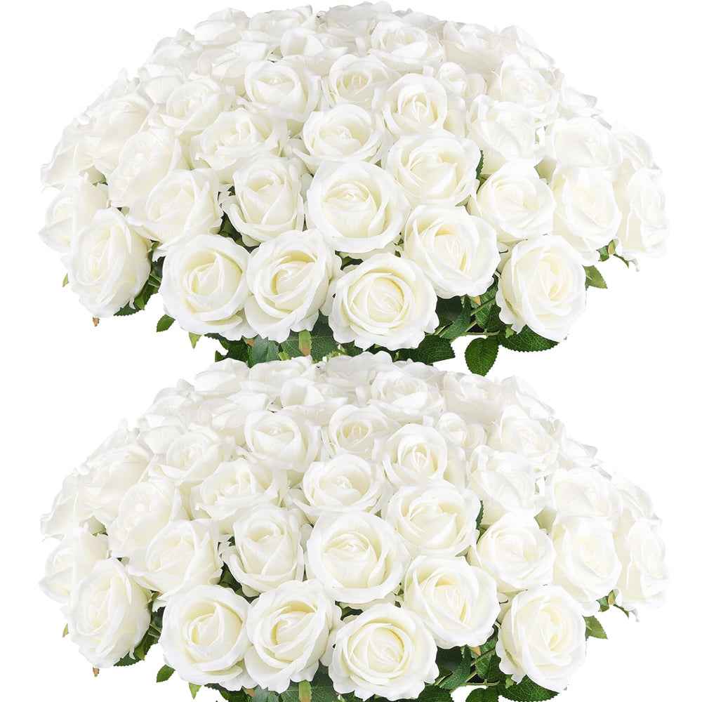 50PCS White Velvet Rose Realistic Artificial Flowers Faux Roses for Wedding & Home Decor