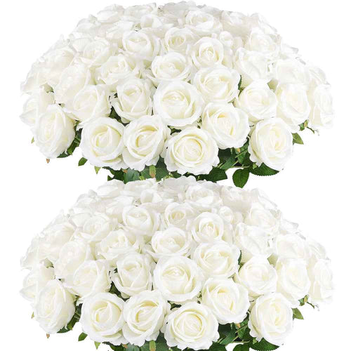 50PCS White Velvet Rose Realistic Artificial Flowers Faux Roses for Wedding & Home Decor