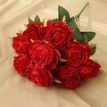 Silk Rose Bouquet 10 Heads Red Artificial Roses Faux Flowers for Home Decor & Wedding