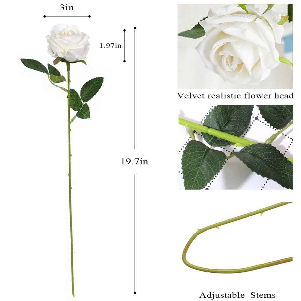 50PCS White Velvet Rose Realistic Artificial Flowers Faux Roses for Wedding & Home Decor