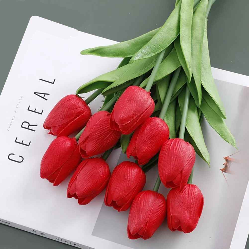 10pcs PU Real Touch Red Tulips Artificial Flowers Lifelike Faux Tulip for Home Decor