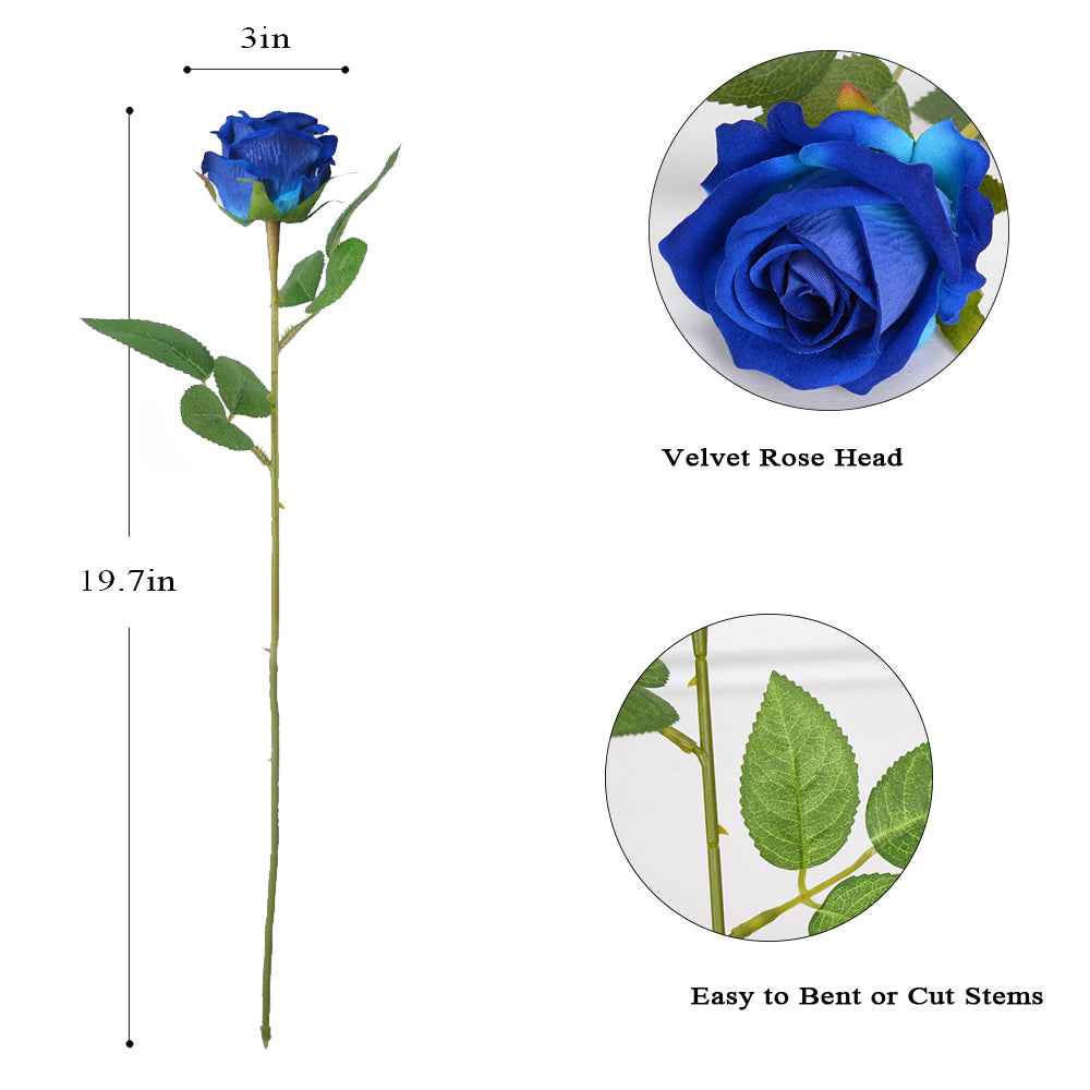 12PCS Blue Velvet Rose Realistic Artificial Flowers Faux Roses for Wedding & Home Decor