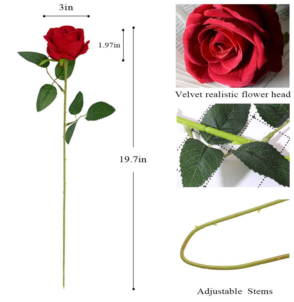 50PCS Red Velvet Rose Realistic Artificial Flowers Faux Roses for Wedding & Home Decor