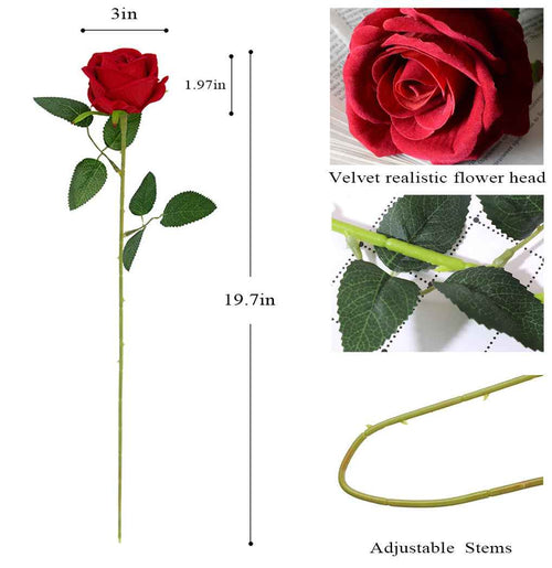 50PCS Red Velvet Rose Realistic Artificial Flowers Faux Roses for Wedding & Home Decor