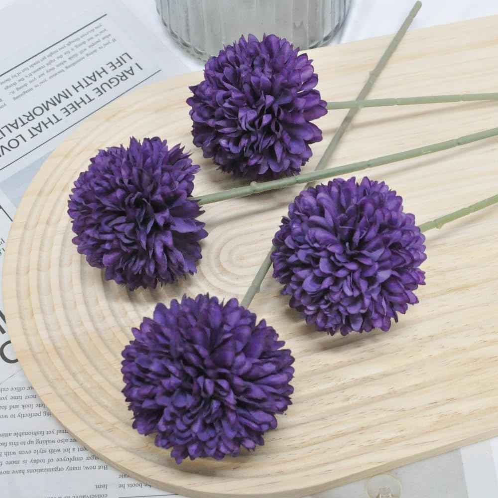 Silk Ball Chrysanthemum Purple Artificial Flowers 10pcs Faux Pom pom Mums for Home Decor