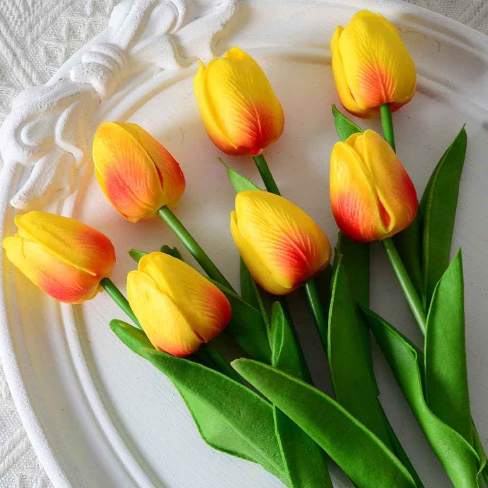 PU Real Touch Orange Tulips Artificial Flowers Lifelike Faux Tulip for Home Decor