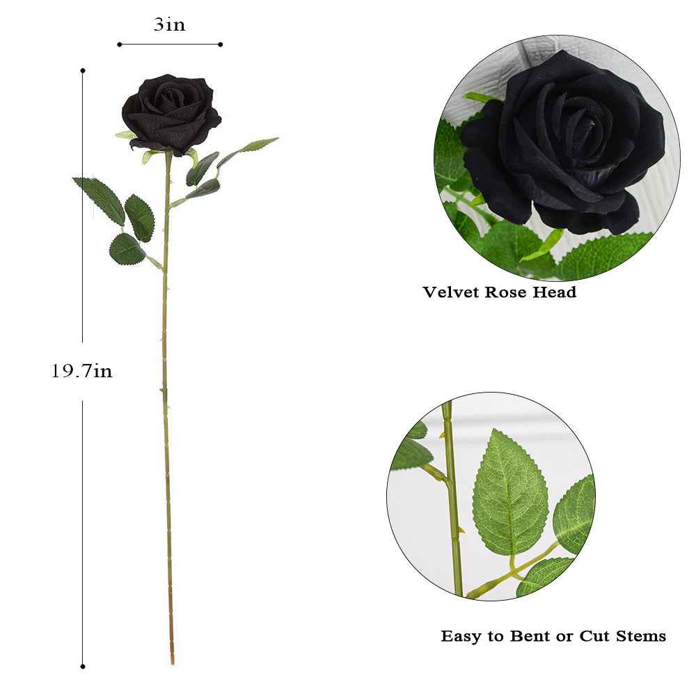 12PCS Black Velvet Rose Realistic Artificial Flowers Faux Roses for Wedding & Home Decor