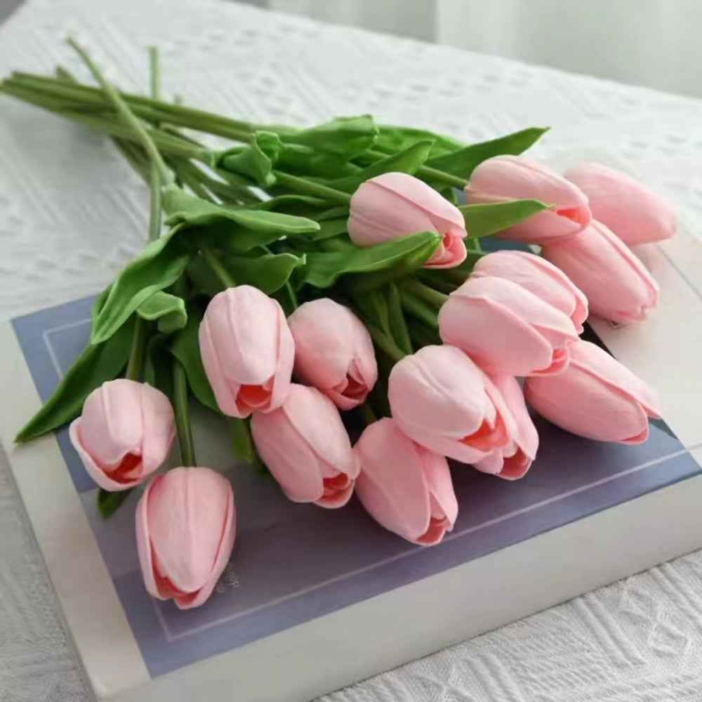PU Real Touch Pink Tulips Artificial Flowers Lifelike Faux Tulip for Home Decor