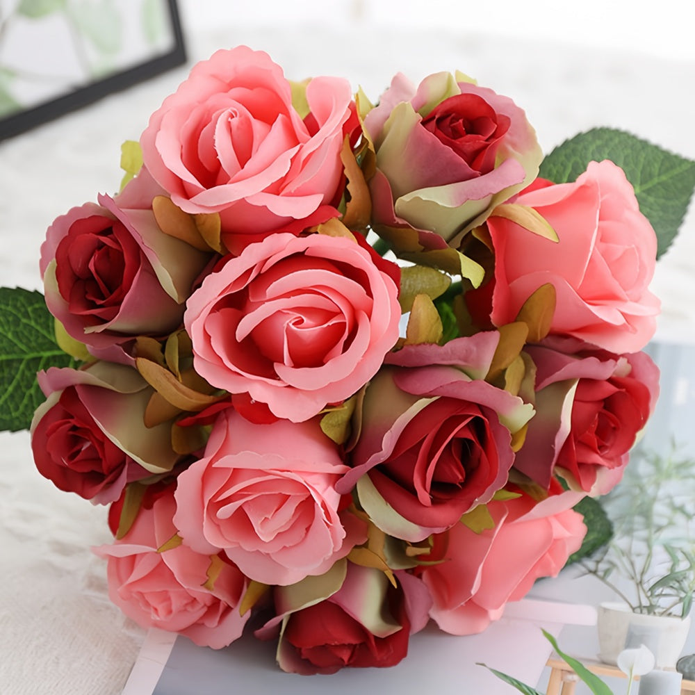 Silk Rose Bouquet 12pcs Red with Pink Artificial Roses Faux Flowers for Home Decor & Wedding