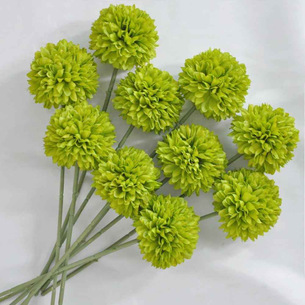 Silk Ball Chrysanthemum Green Artificial Flowers 10pcs Faux Pom pom Mums for Home Decor