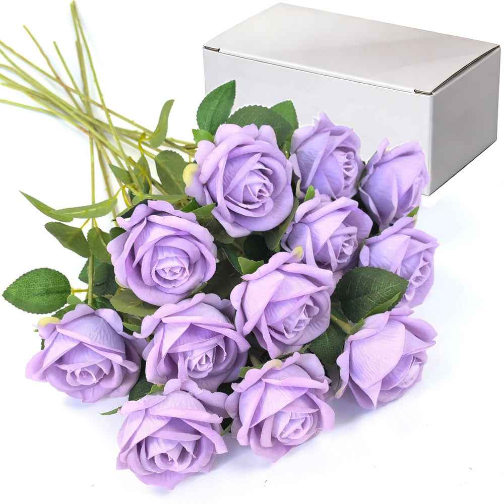 12PCS Purple Velvet Rose Realistic Artificial Flowers Faux Roses for Wedding & Home Decor