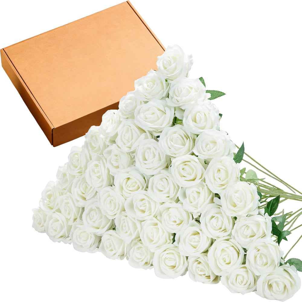 50PCS White Velvet Rose Realistic Artificial Flowers Faux Roses for Wedding & Home Decor