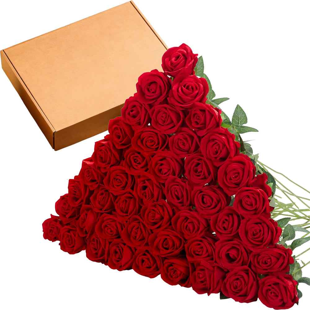 50PCS Red Velvet Rose Realistic Artificial Flowers Faux Roses for Wedding & Home Decor