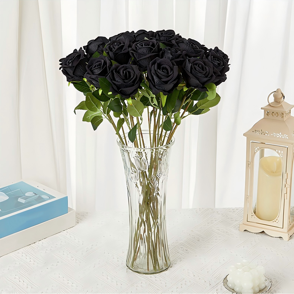 12PCS Black Velvet Rose Realistic Artificial Flowers Faux Roses for Wedding & Home Decor