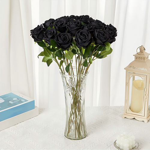 12PCS Black Velvet Rose Realistic Artificial Flowers Faux Roses for Wedding & Home Decor