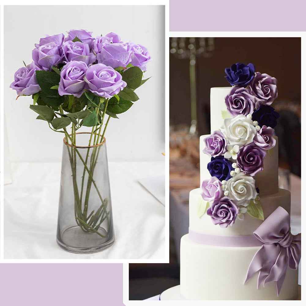 12PCS Purple Velvet Rose Realistic Artificial Flowers Faux Roses for Wedding & Home Decor